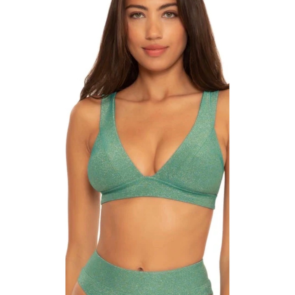 Isabella Rose Ivy Shimmer Bikini Top Green Gold Metallic Lace Up Back Large NWT